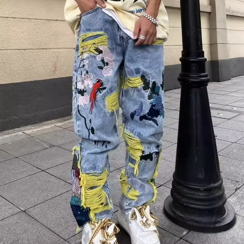 Jeans délabrés brodés hip-hop  - Street Fashion In Japanese avis et prix