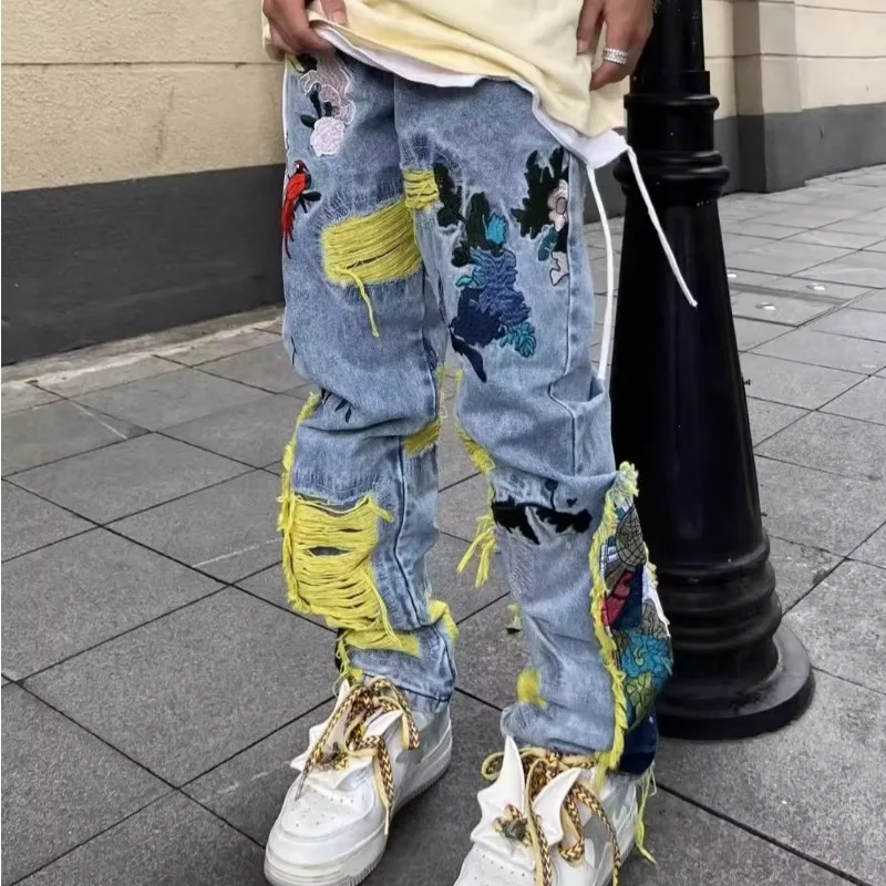 Jeans délabrés brodés hip-hop  - Street Fashion In Japanese avis et prix